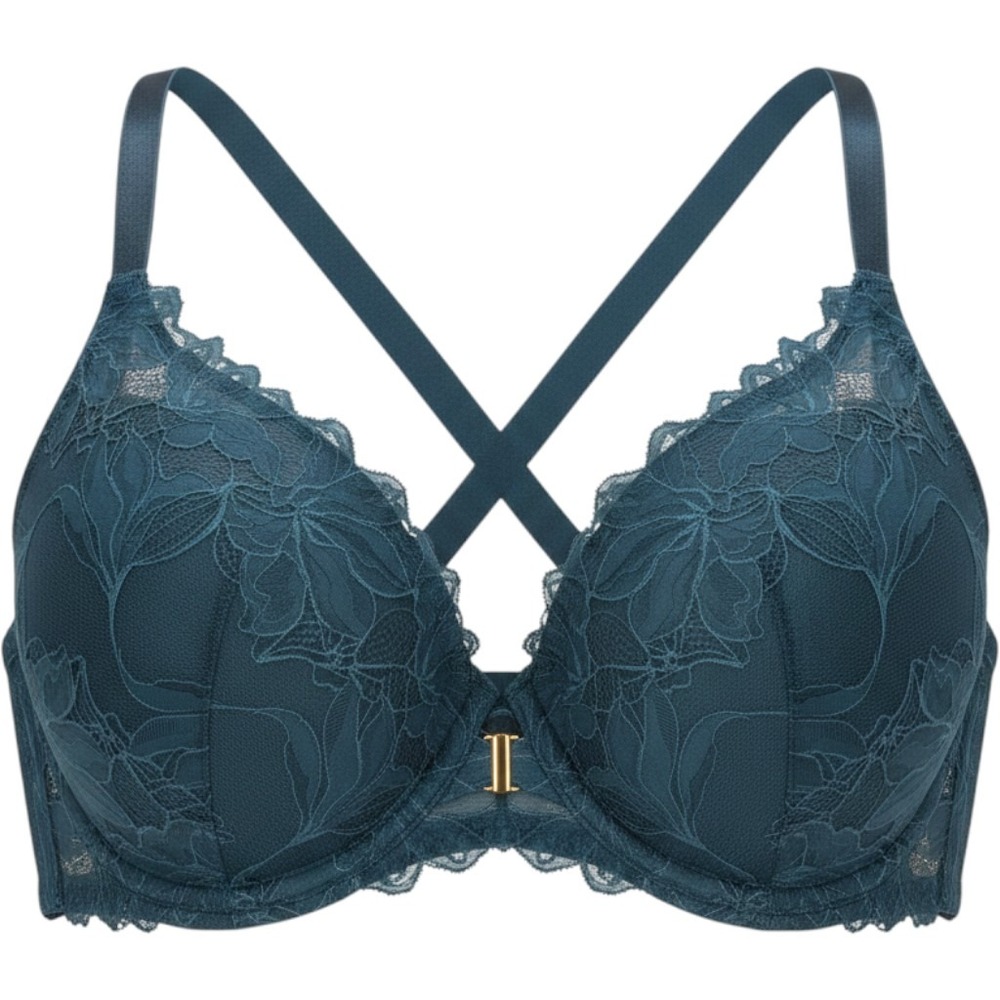 Auden Lace Front Close Push Up Plunge Bra Teal Blue Racerback 46D